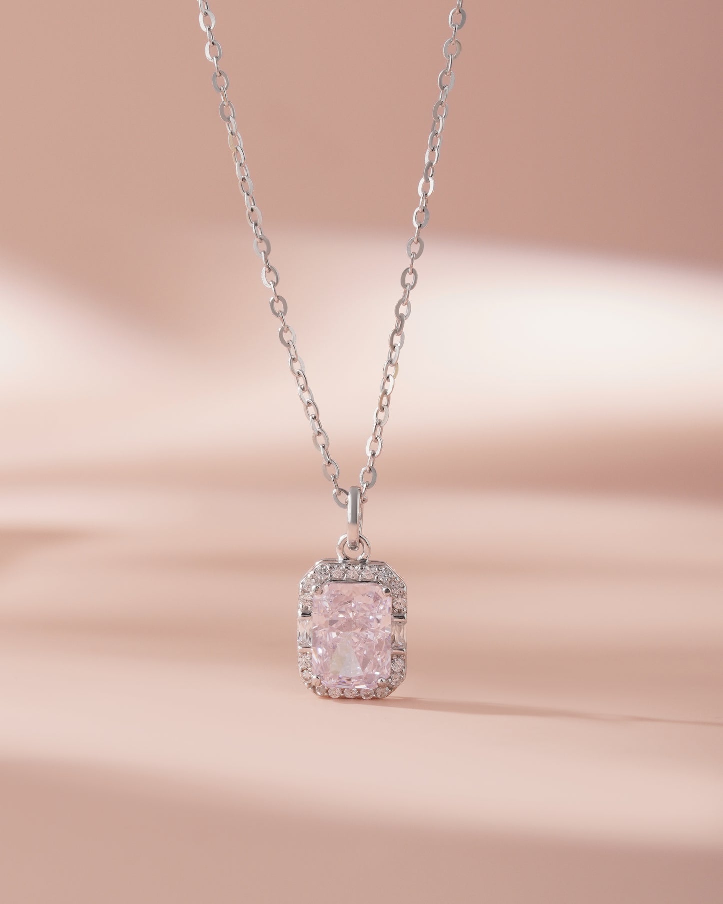 Radiant Cut Pink Diamond Halo Silver Chain Pendant