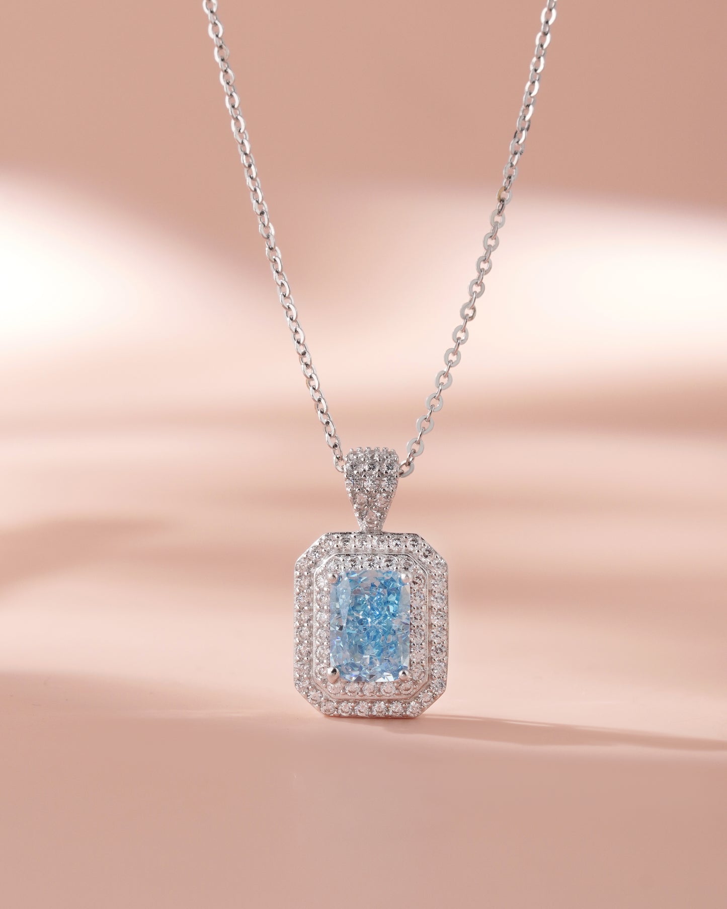 Blue Topaz Halo American Diamond Silver Chain Pendant