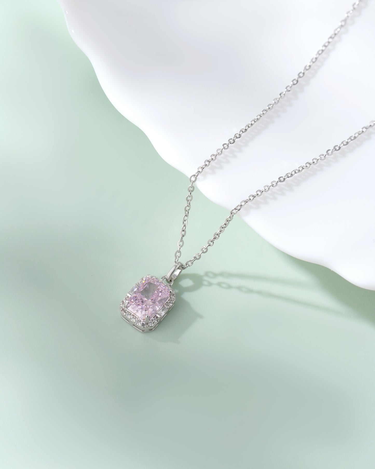 Radiant Cut Pink Diamond Halo Silver Chain Pendant