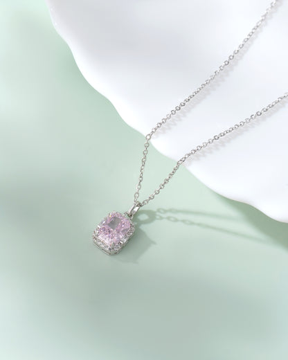 Radiant Cut Pink Diamond Halo Silver Chain Pendant