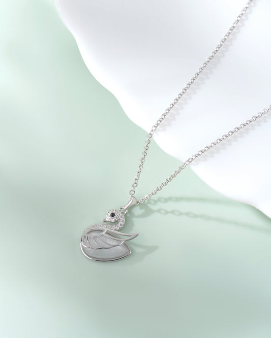 Silver Swan Chain Pendant Necklace with American Diamonds & Cat's Eye Stone