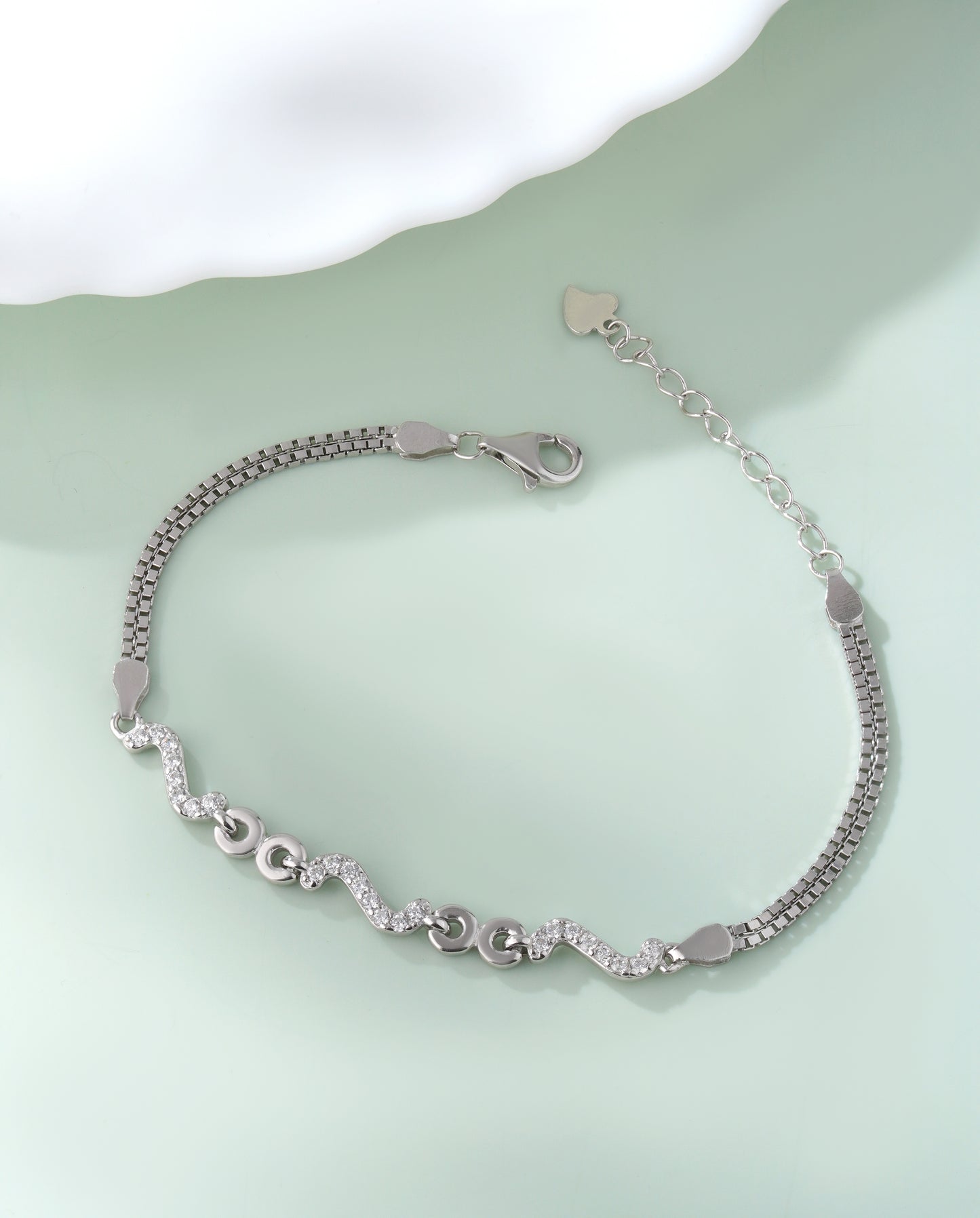 Silver Wave Link Bracelet with American Diamonds