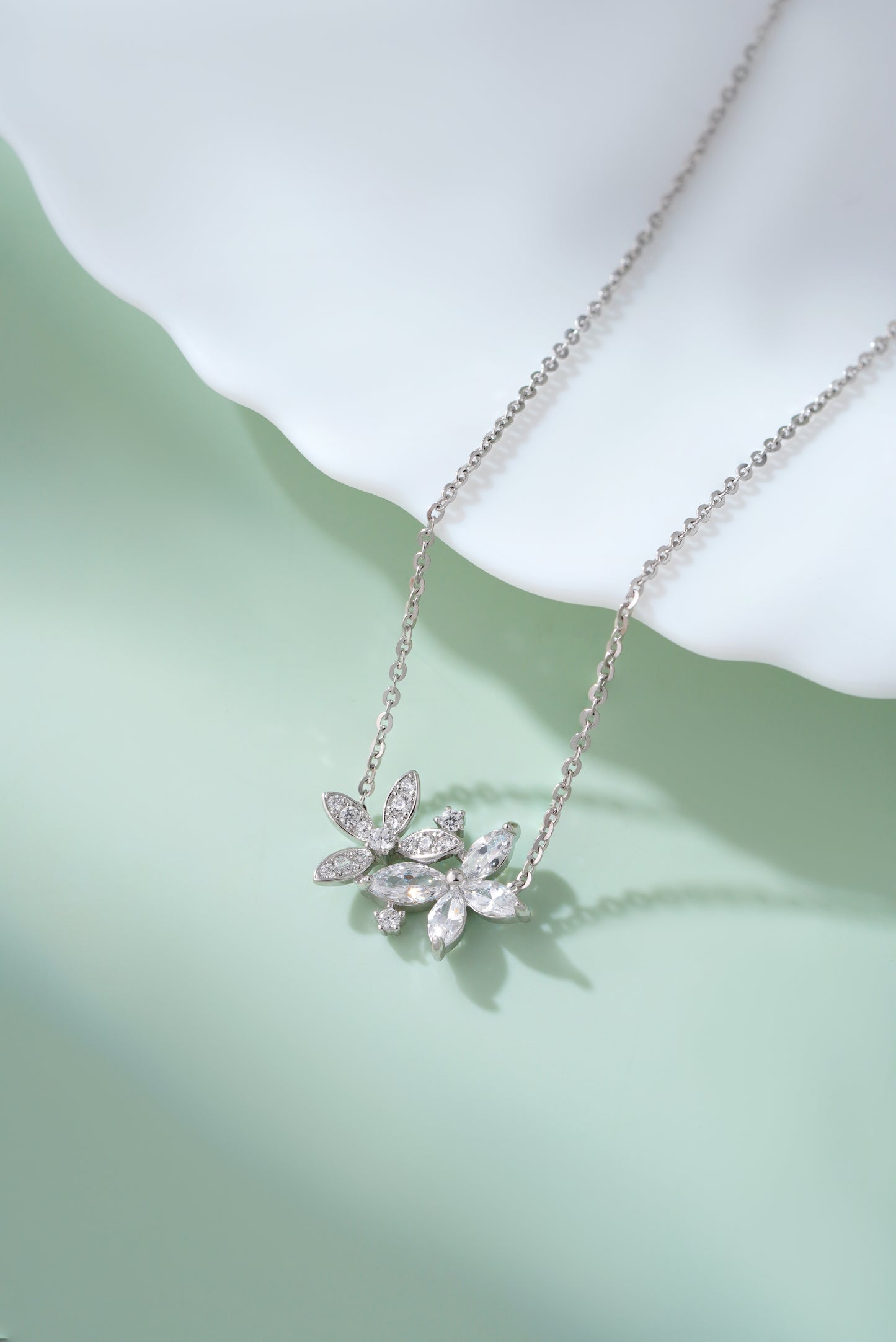 Sterling Silver Marquise Cut Cubic Zirconia Dual Floral Pendant Necklace