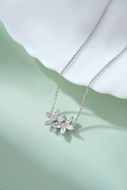 Sterling Silver Marquise Cut Cubic Zirconia Dual Floral Pendant Necklace