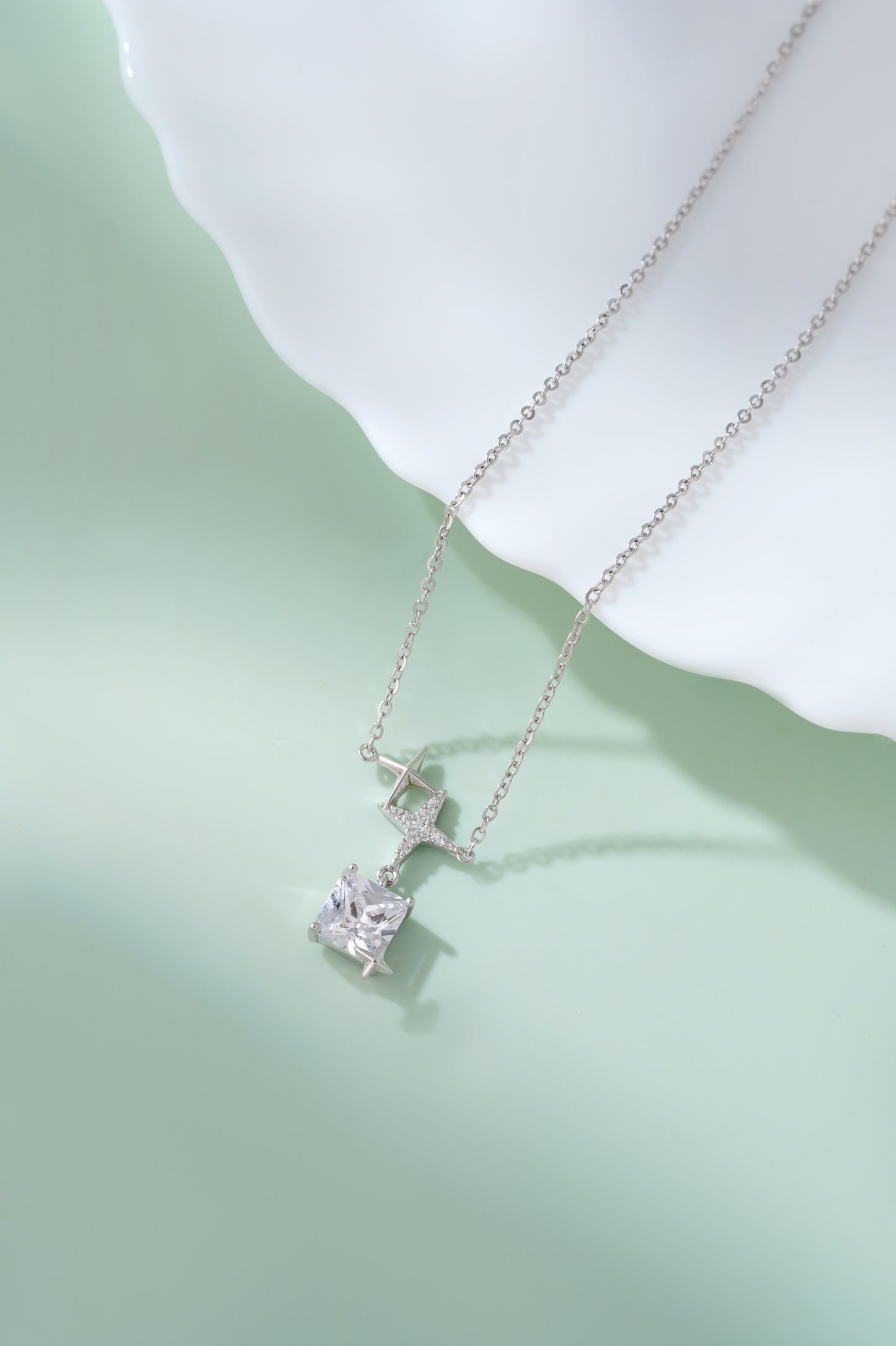 Silver Star Pendant Necklace with Princess Cut Diamond