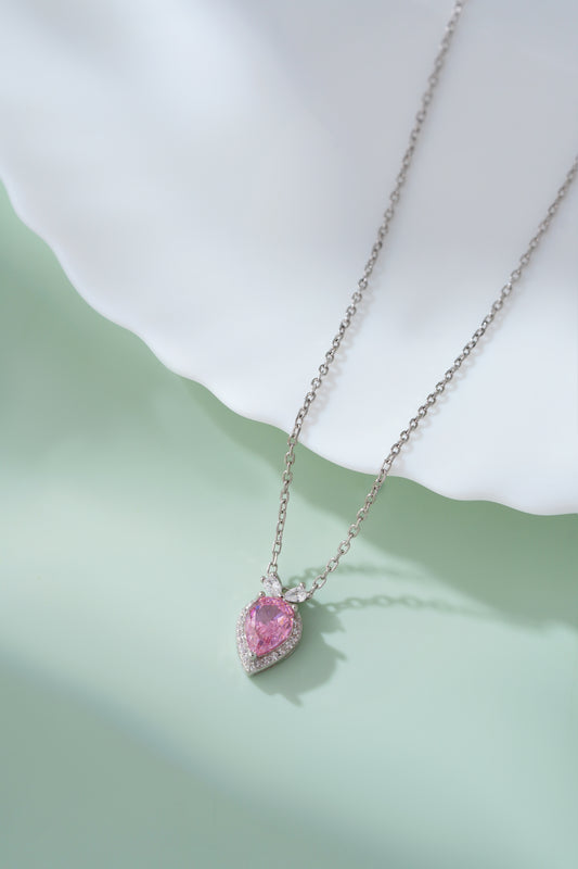 Stunning 925 Sterling Silver Pink Pear Cut Pendant Chain Necklace
