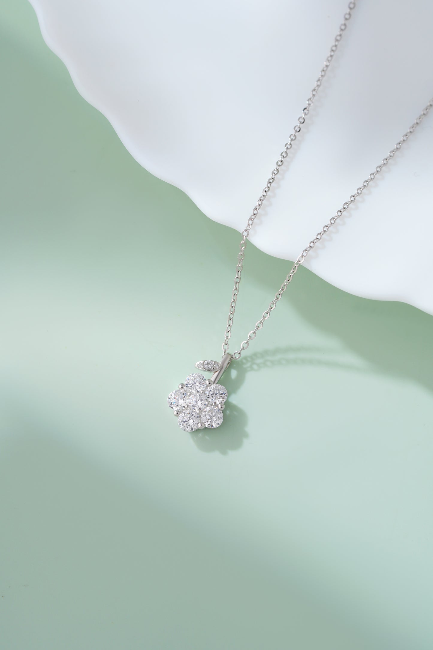 Silver Flower Cluster Pendant Necklace with American Diamonds