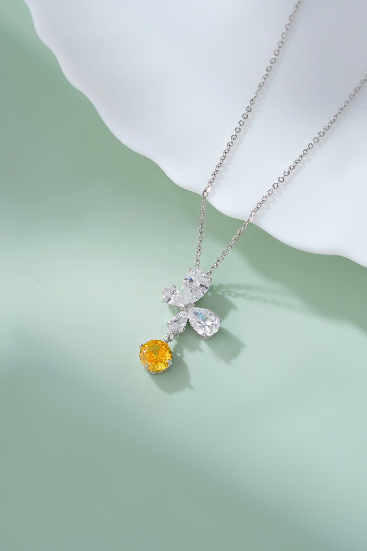 Luxurious 925 Sterling Silver Canary Yellow & White CZ Butterfly Pendant Necklace