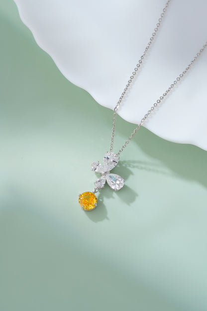 Luxurious 925 Sterling Silver Canary Yellow & White CZ Butterfly Pendant Necklace