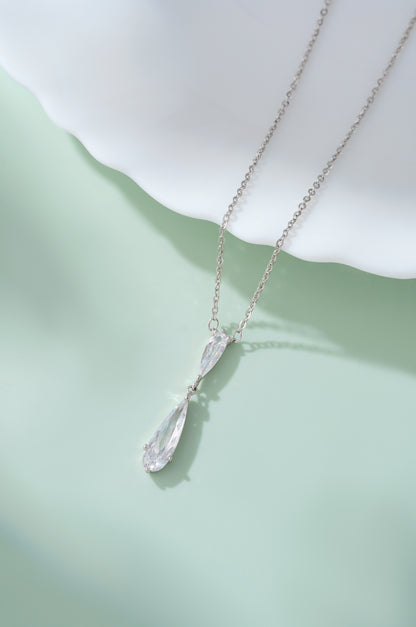 American Diamond Double Pear Drop Silver Chain Pendant