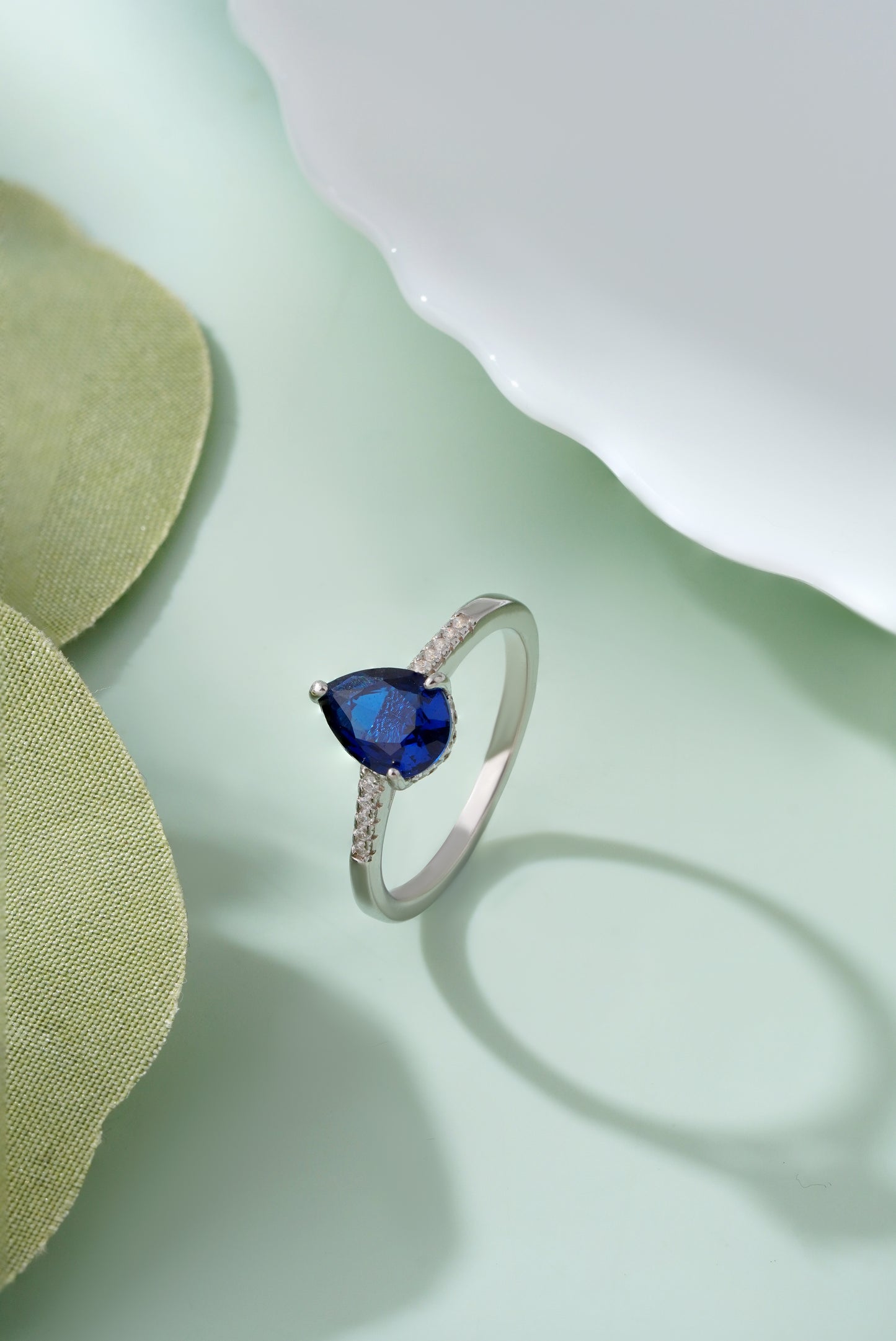 925 Sterling Silver Pear Cut Blue Sapphire Ring Women American Diamond Band Gift