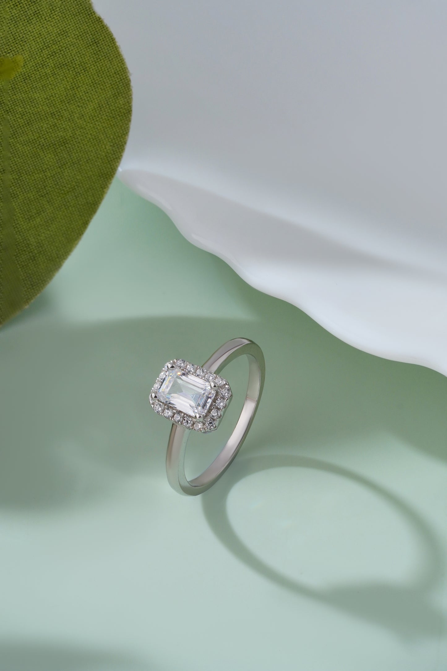 925 Sterling Silver Emerald Cut American Diamond Halo Ring for Women Promise Gift