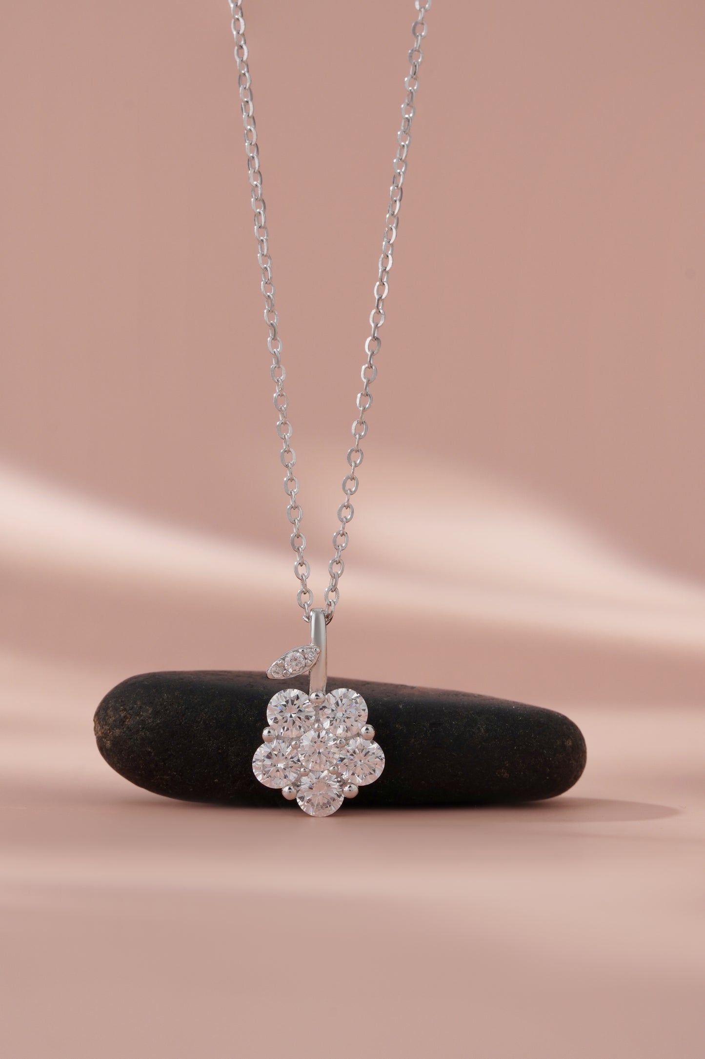 Silver Flower Cluster Pendant Necklace with American Diamonds