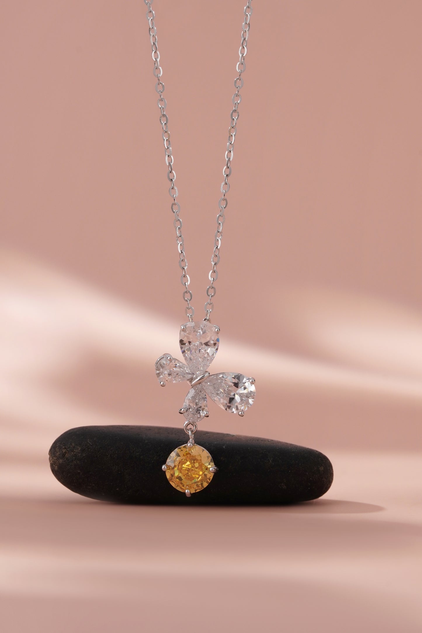 Luxurious 925 Sterling Silver Canary Yellow & White CZ Butterfly Pendant Necklace