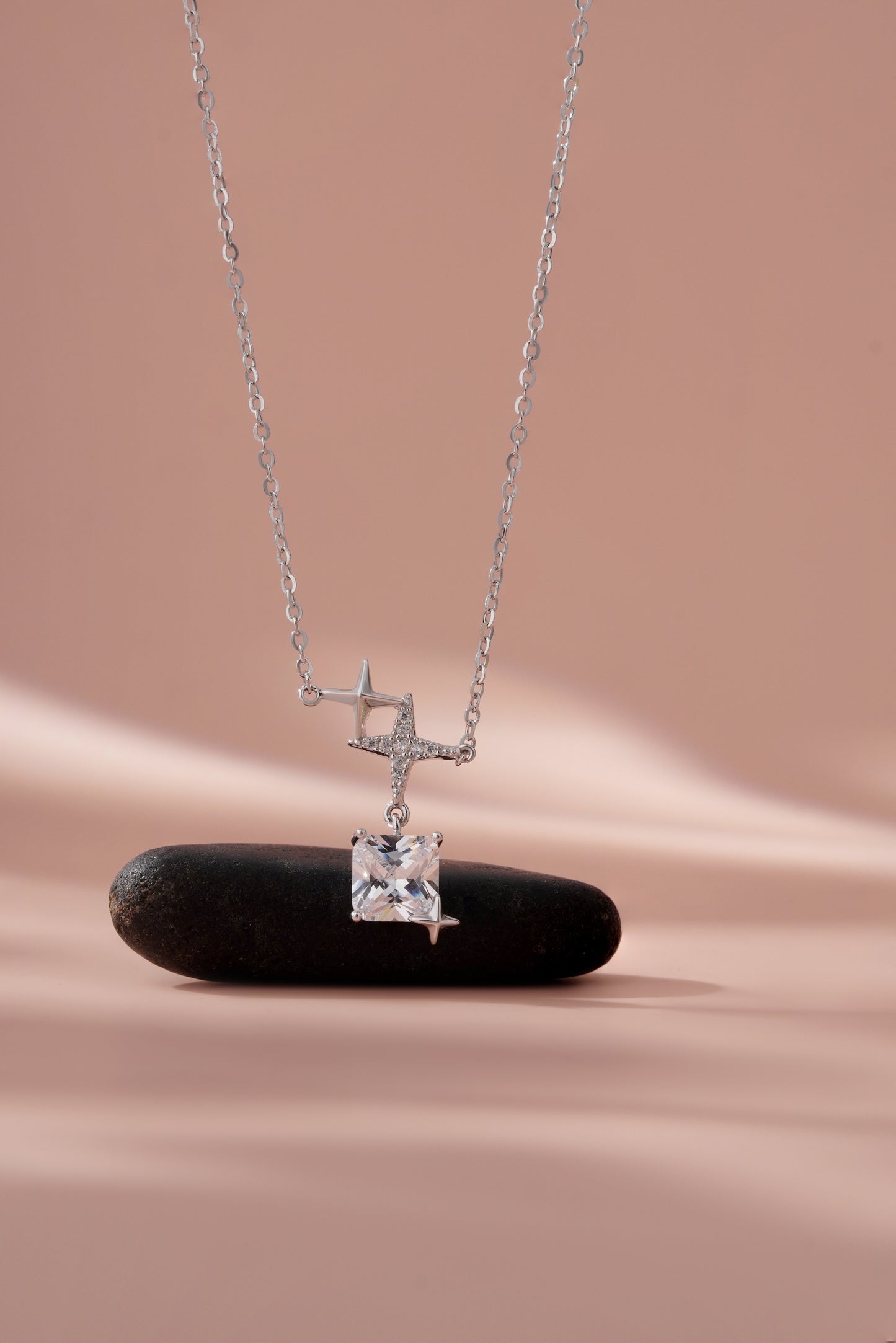 Silver Star Pendant Necklace with Princess Cut Diamond