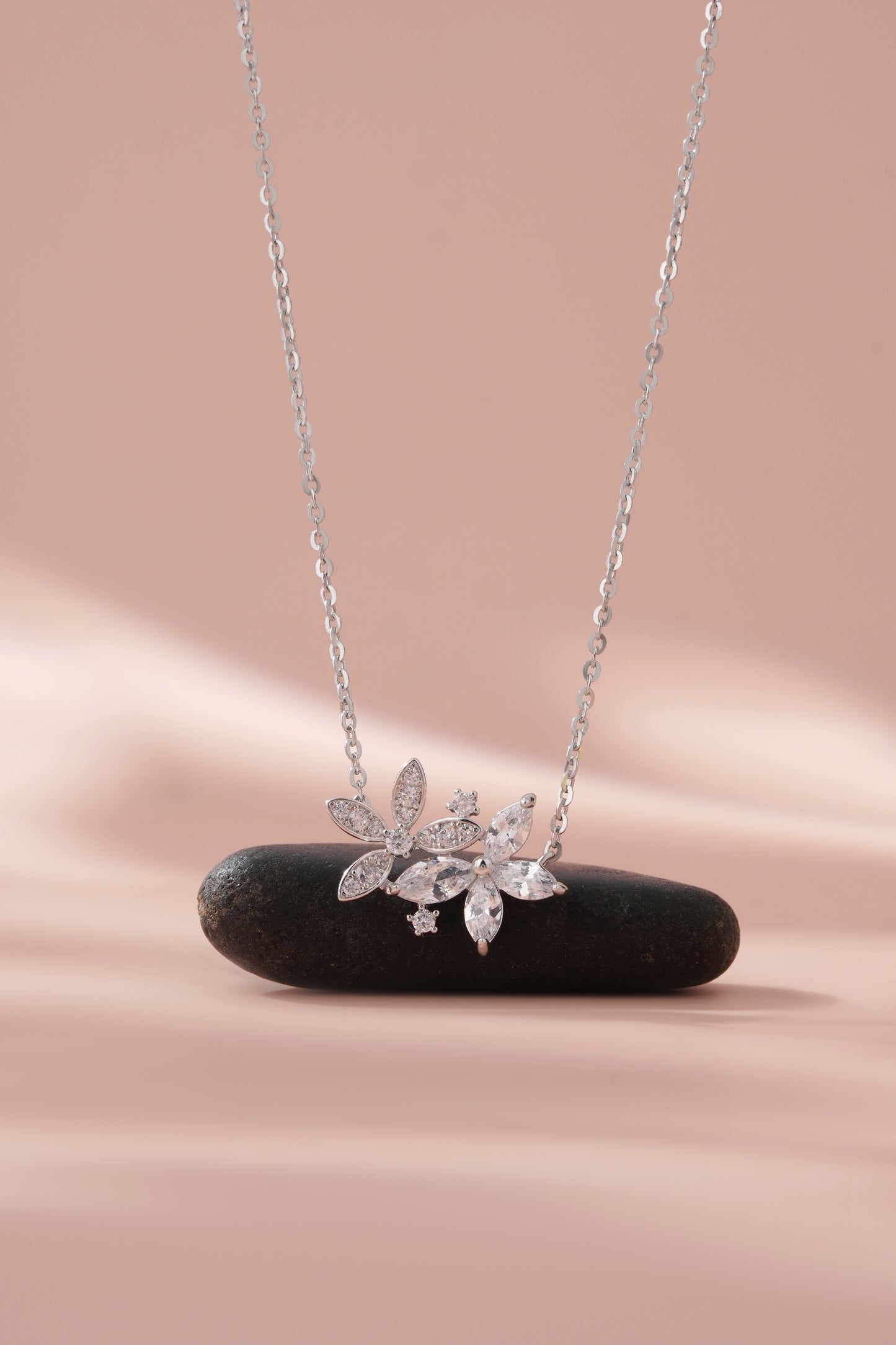 Sterling Silver Marquise Cut Cubic Zirconia Dual Floral Pendant Necklace