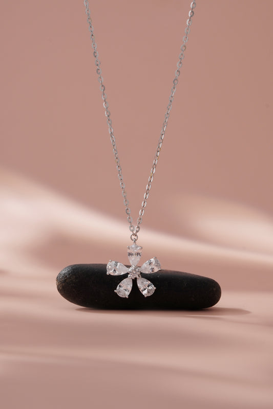 925 Sterling Silver Flower Pendant Necklace American Diamond CZ Womens Chain Gift