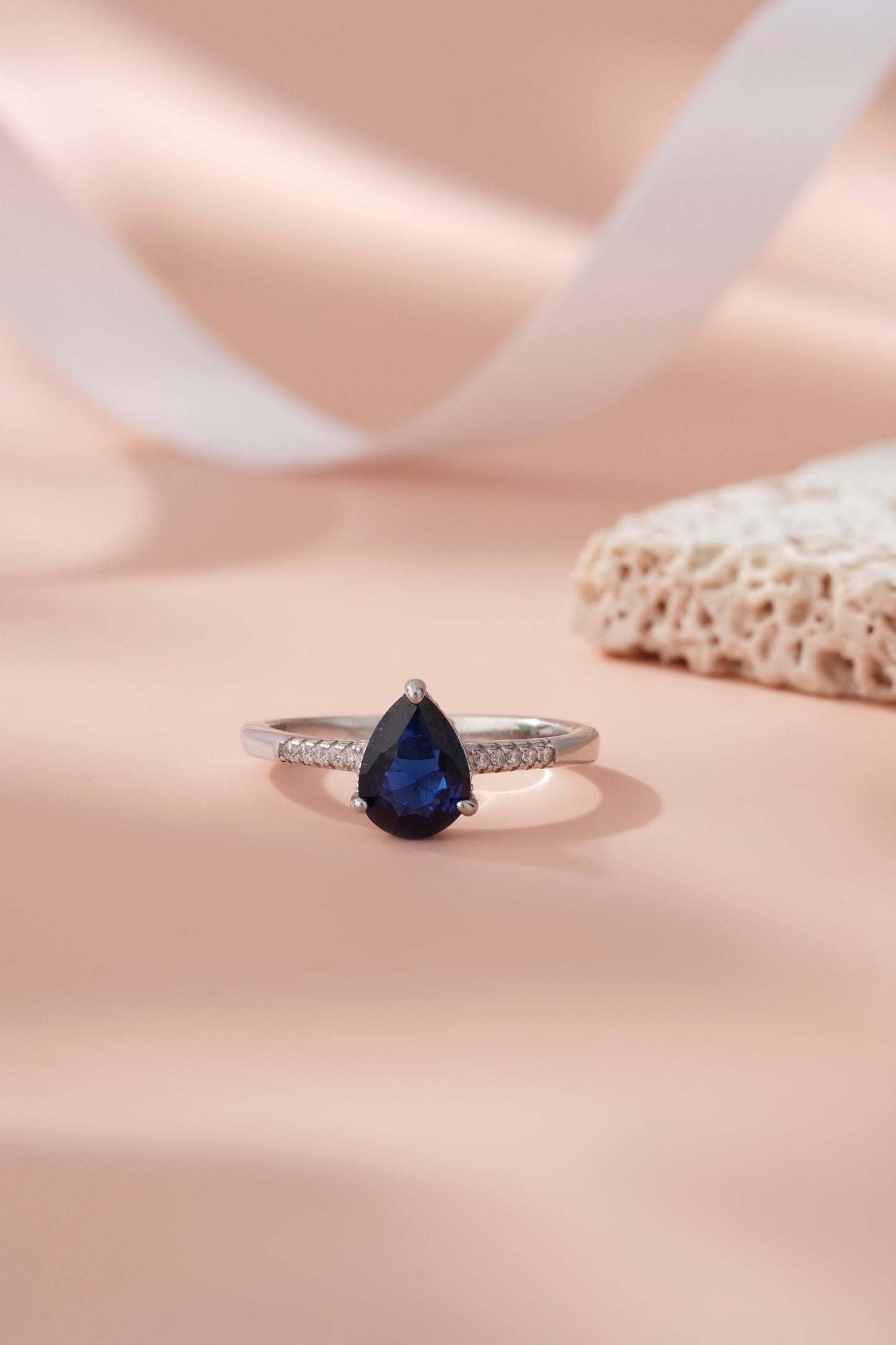 925 Sterling Silver Pear Cut Blue Sapphire Ring Women American Diamond Band Gift