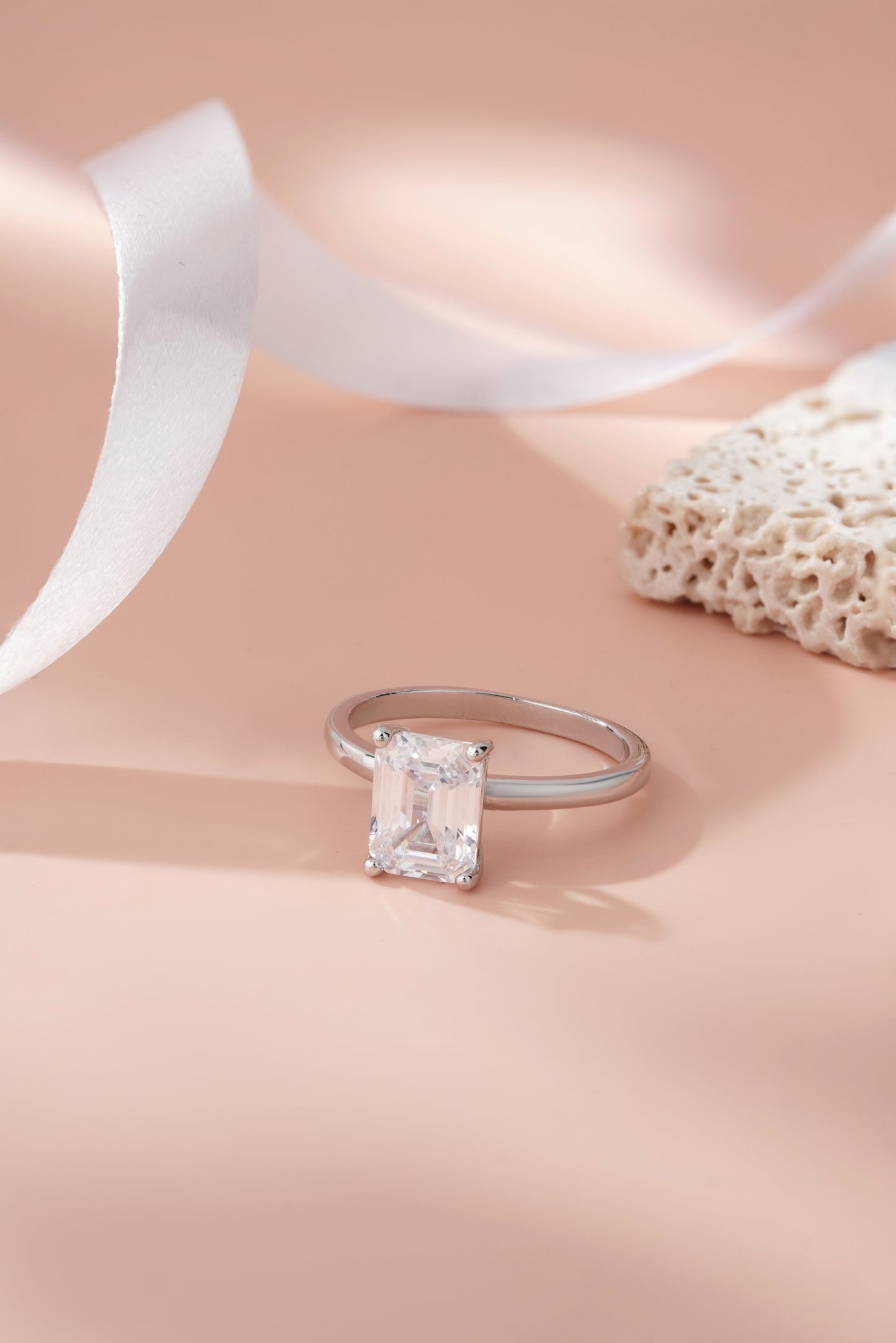 925 Sterling Silver Emerald Cut American Diamond Solitaire Ring Women