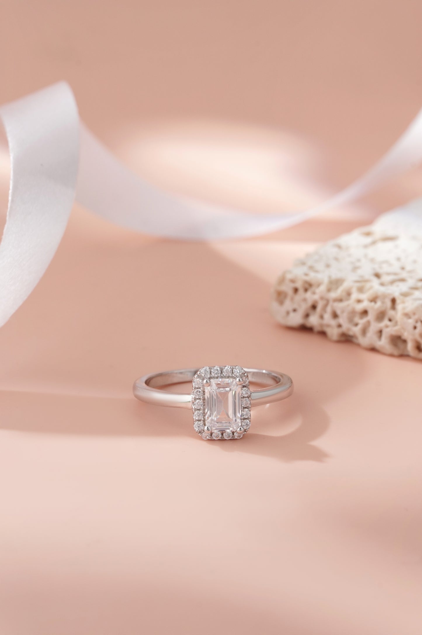 925 Sterling Silver Emerald Cut American Diamond Halo Ring for Women Promise Gift
