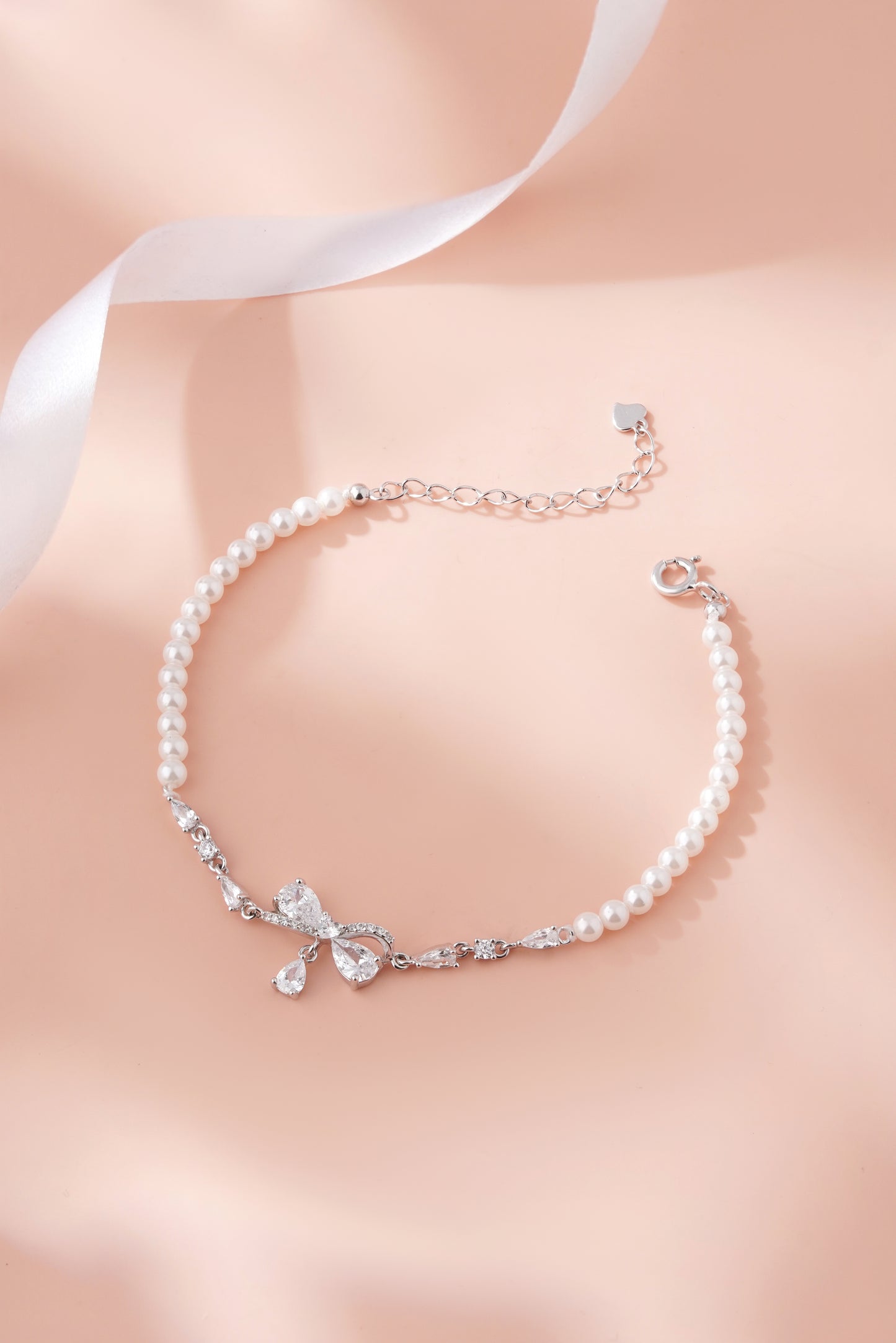 925 Sterling Silver Adjustable Bracelet American Diamond & Pearl Bow Bracelet