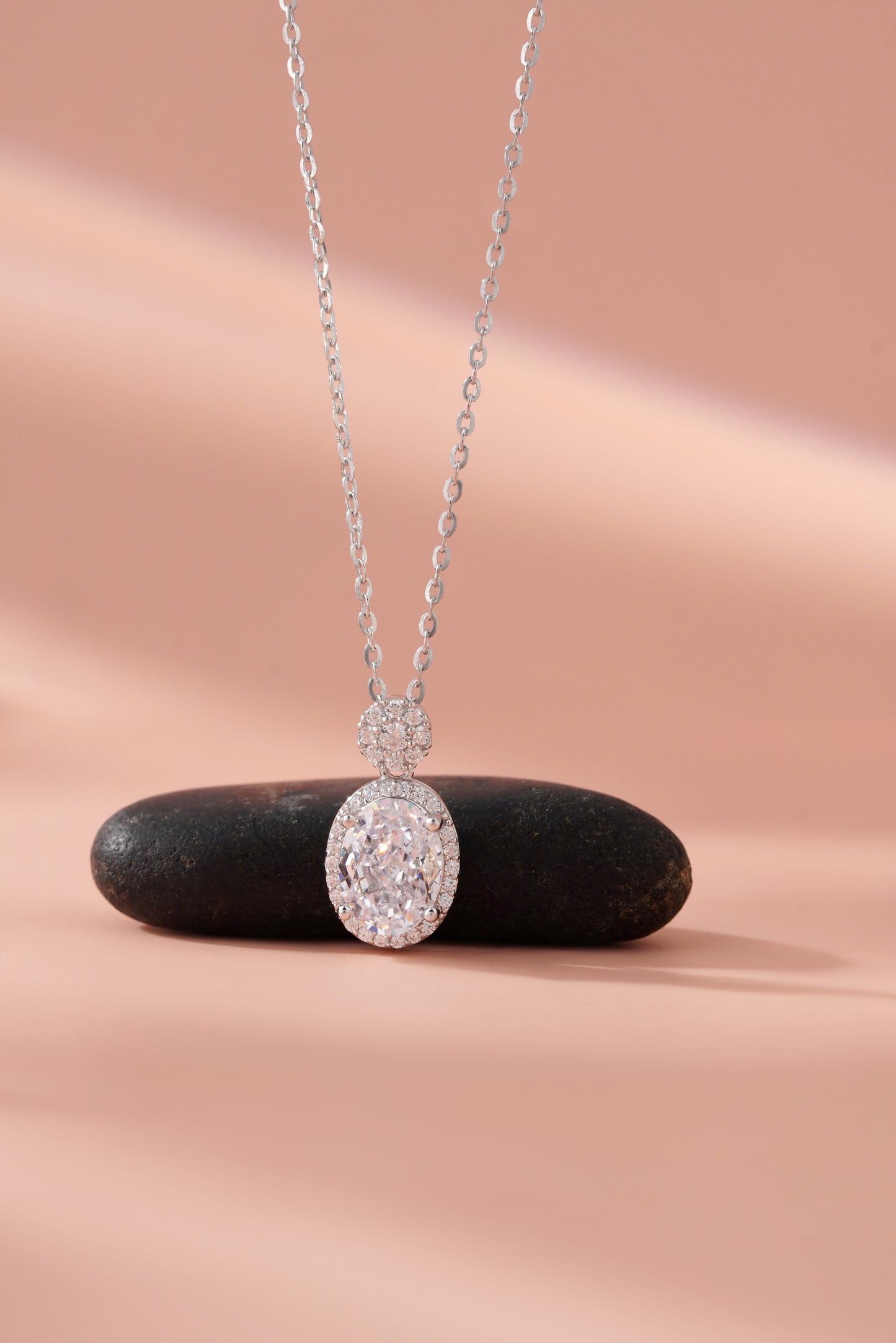 Silver Oval Halo American Diamond Pendant with Chain