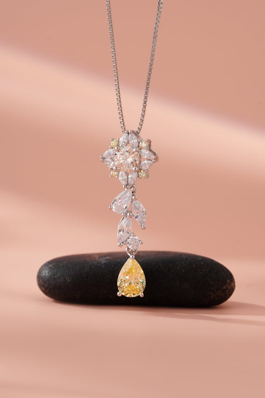 925 Sterling Silver Flower Pendant Necklace American Diamond Yellow Pear Cut Gift