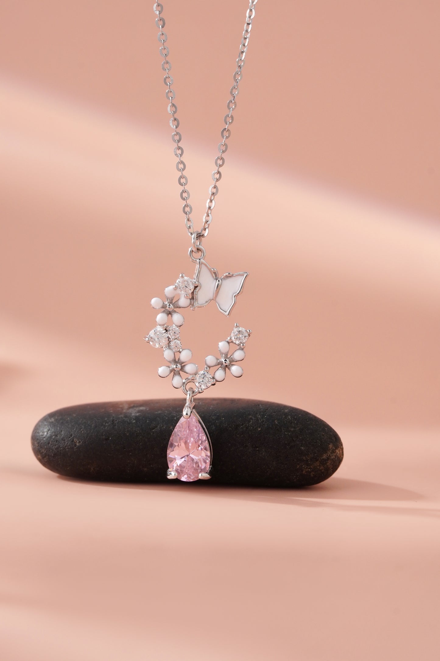 925 Sterling Silver Butterfly Garden Necklace Pink Teardrop CZ American Diamond Pendant Chain For Women Fine Jewelry Gift