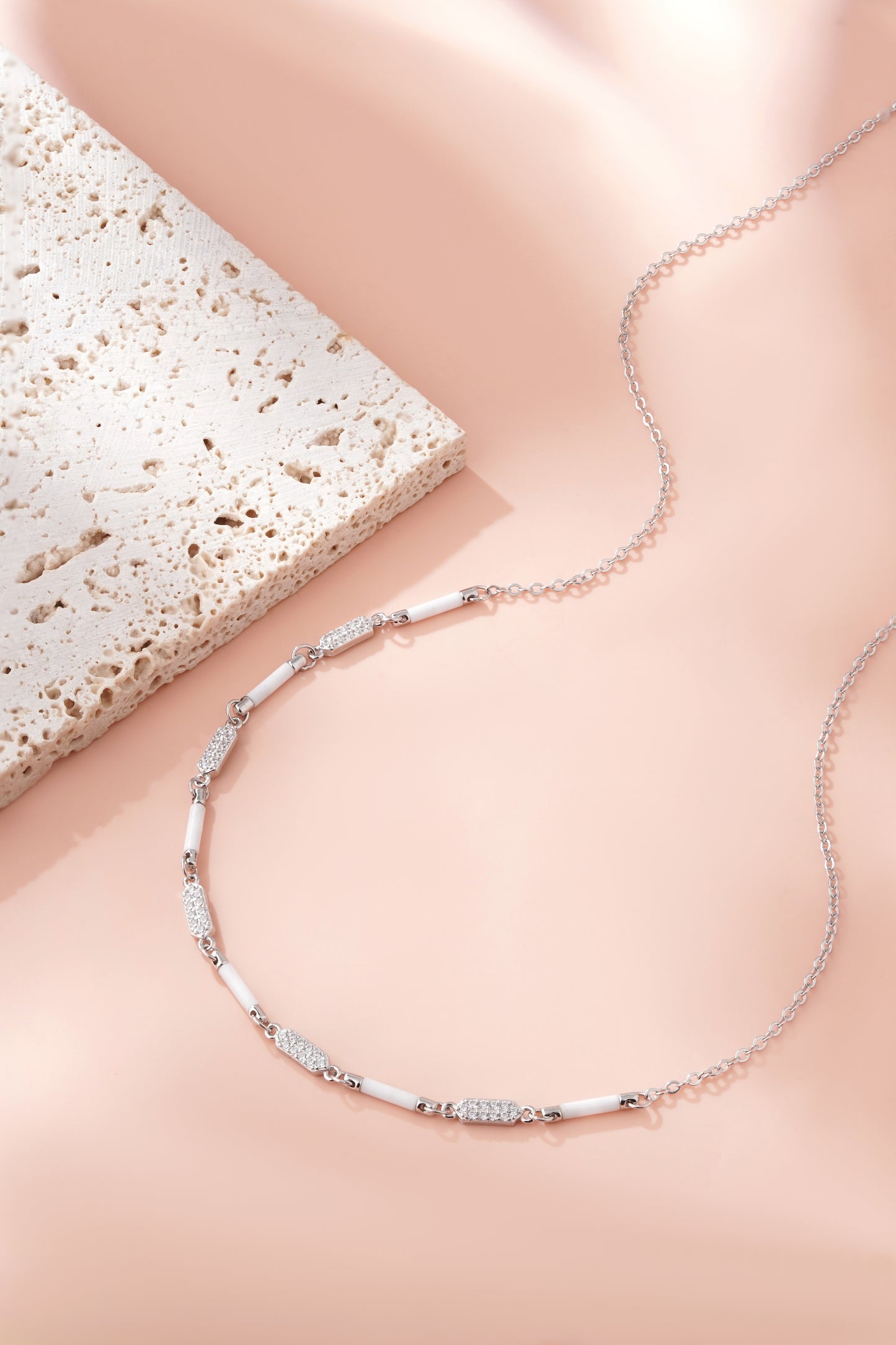 925 Sterling Silver Chain Necklace for Women with American Diamond & White Enamel Bar Accents