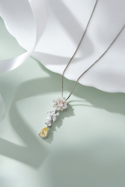 Yellow Pear Cut Diamond Flower Pendant 925 Silver Chain