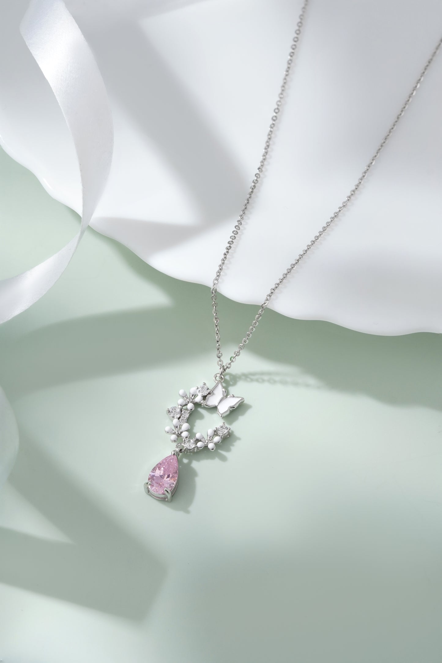 925 Sterling Silver Butterfly Garden Necklace Pink Teardrop CZ American Diamond Pendant Chain For Women Fine Jewelry Gift