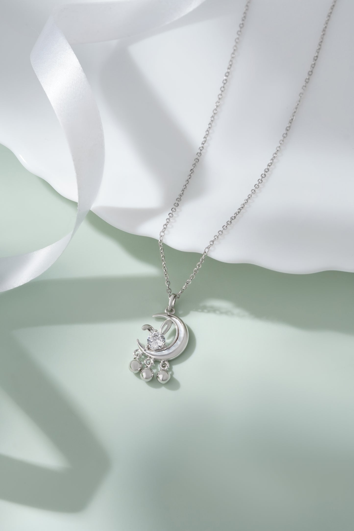 Crescent Moon American Diamond Pendant Necklace in 925 Silver