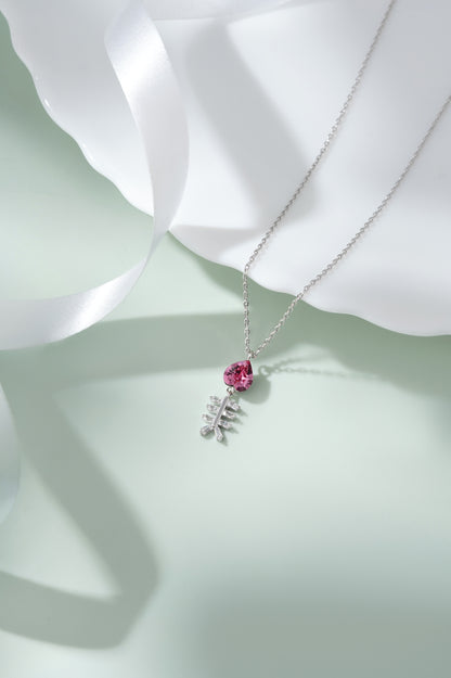 925 Sterling Silver Pink Heart Fishbone Necklace