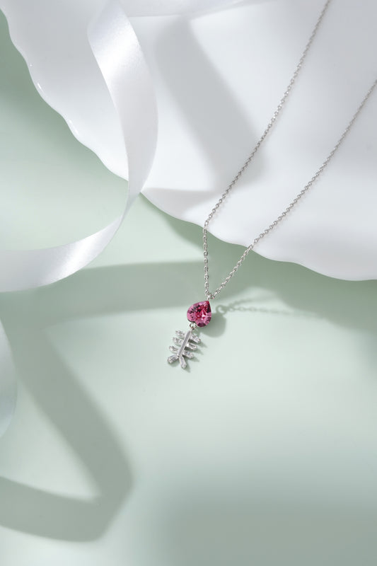 925 Sterling Silver Pink Heart Fishbone Necklace