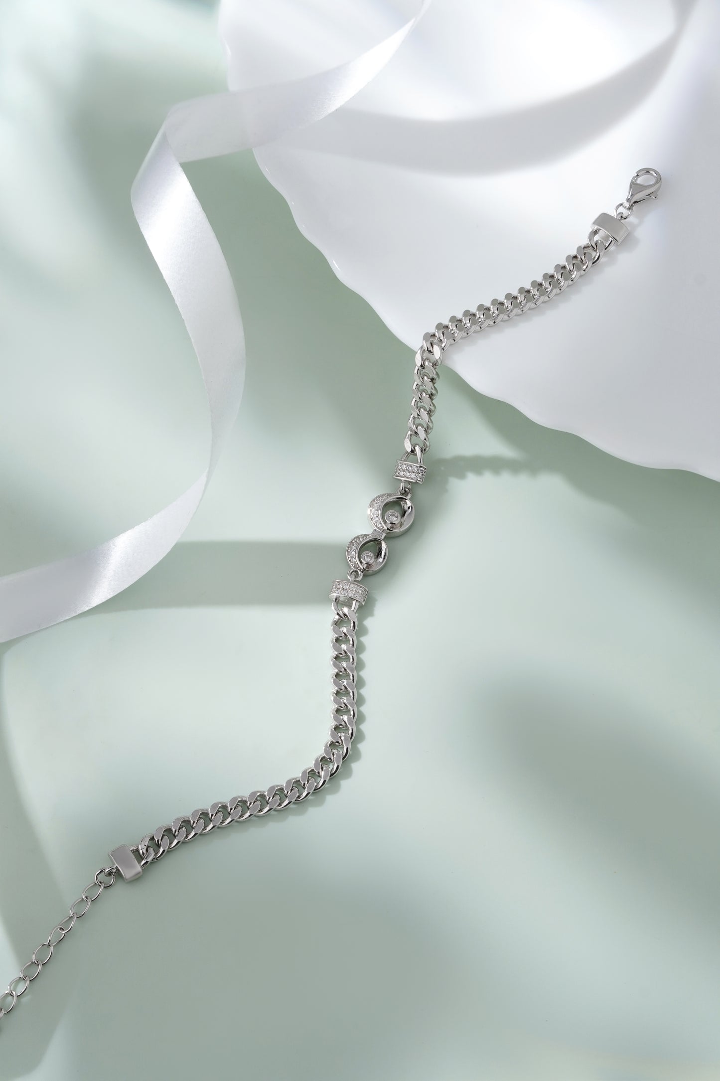 925 Sterling Silver Adjustable Bracelet for Women American Diamond Cubic Zirconia Curb Chain