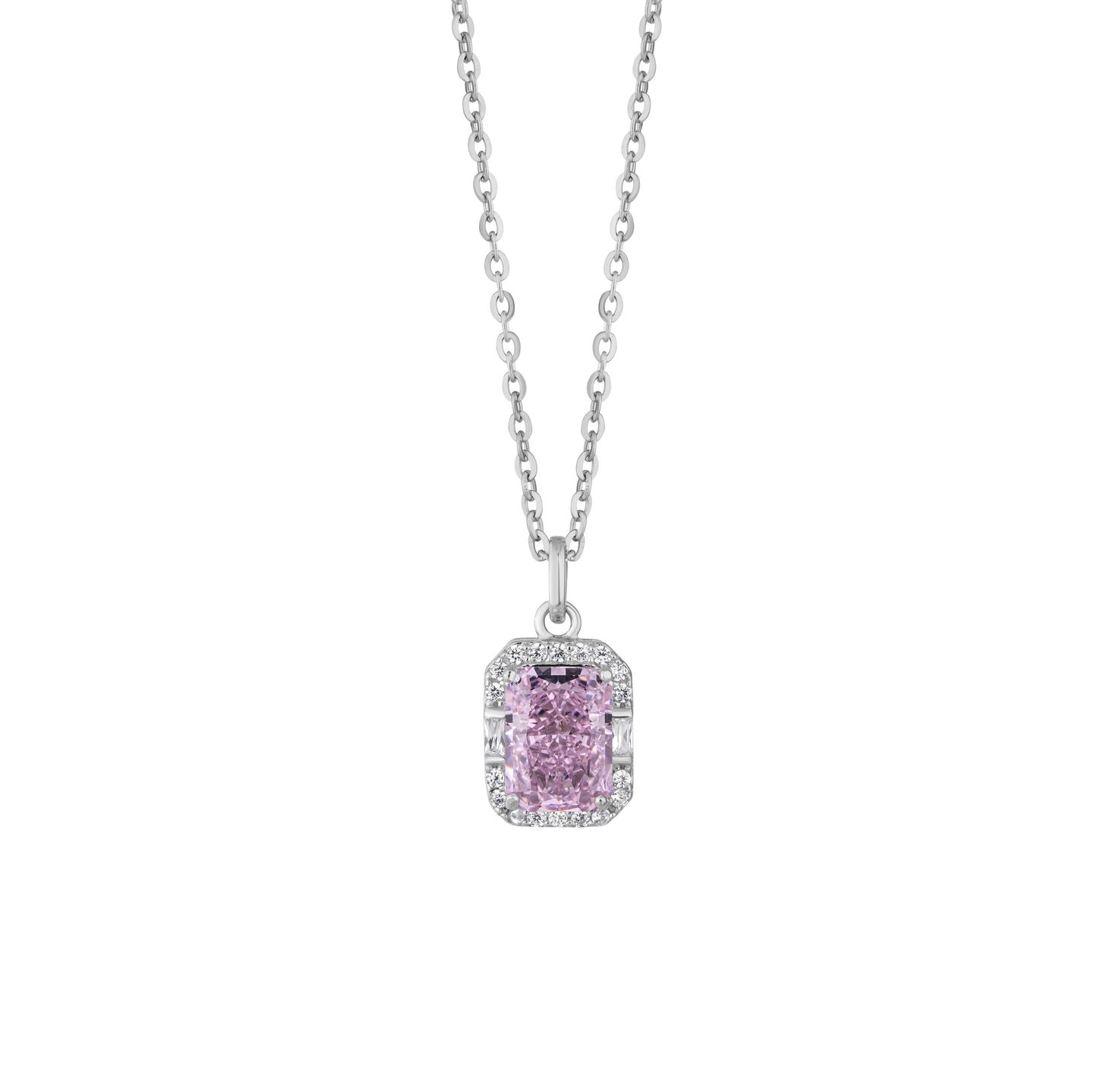 Radiant Cut Pink Diamond Halo Silver Chain Pendant