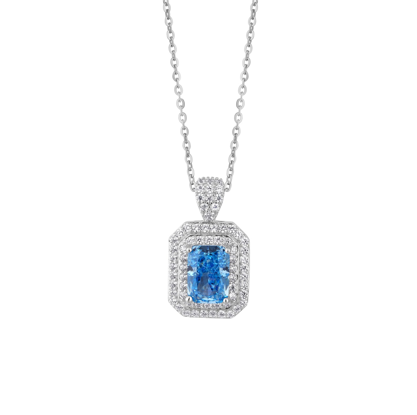 Blue Topaz Halo American Diamond Silver Chain Pendant