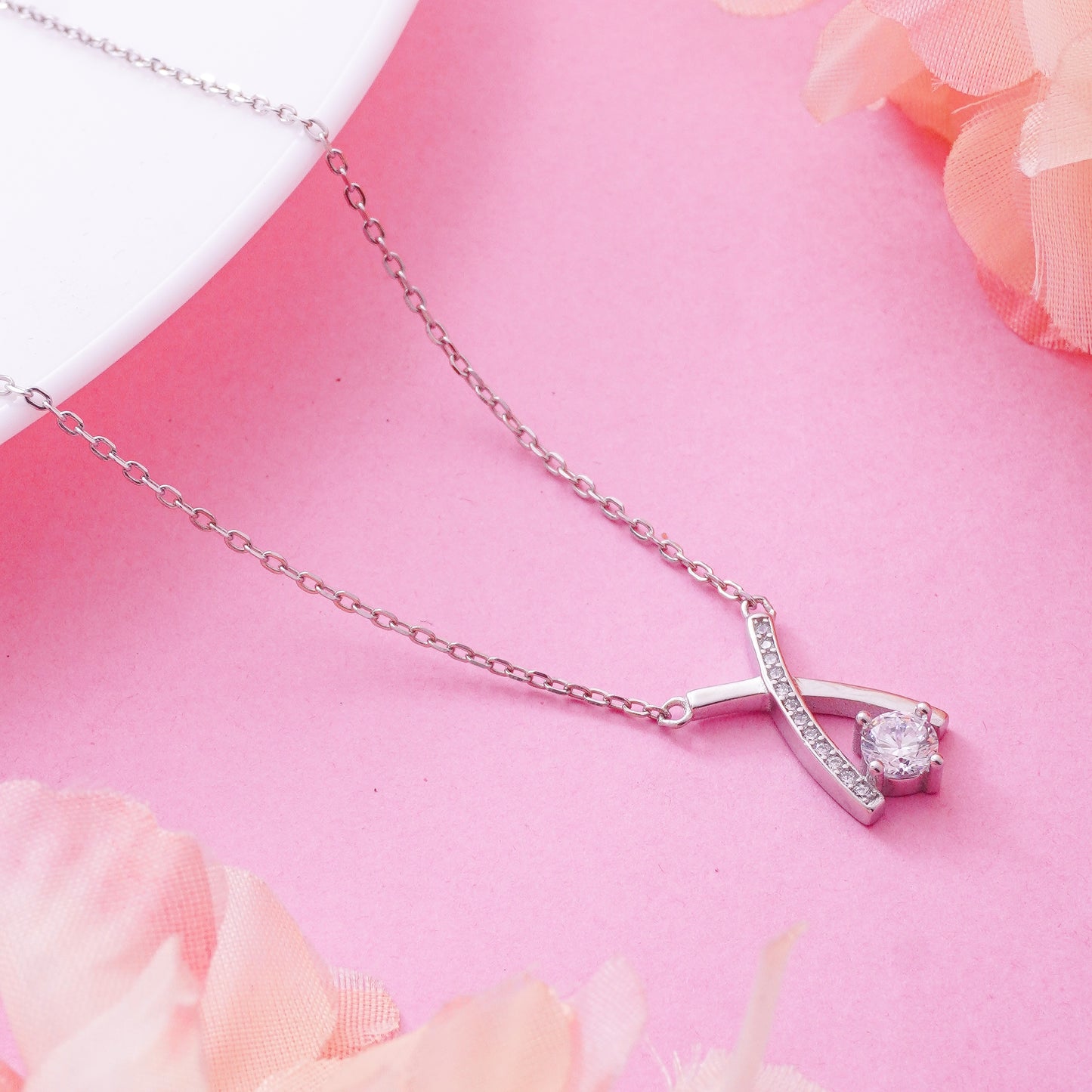 Moissanite Diamond Crossover Pendant Necklace 925 Sterling Silver Women Chain