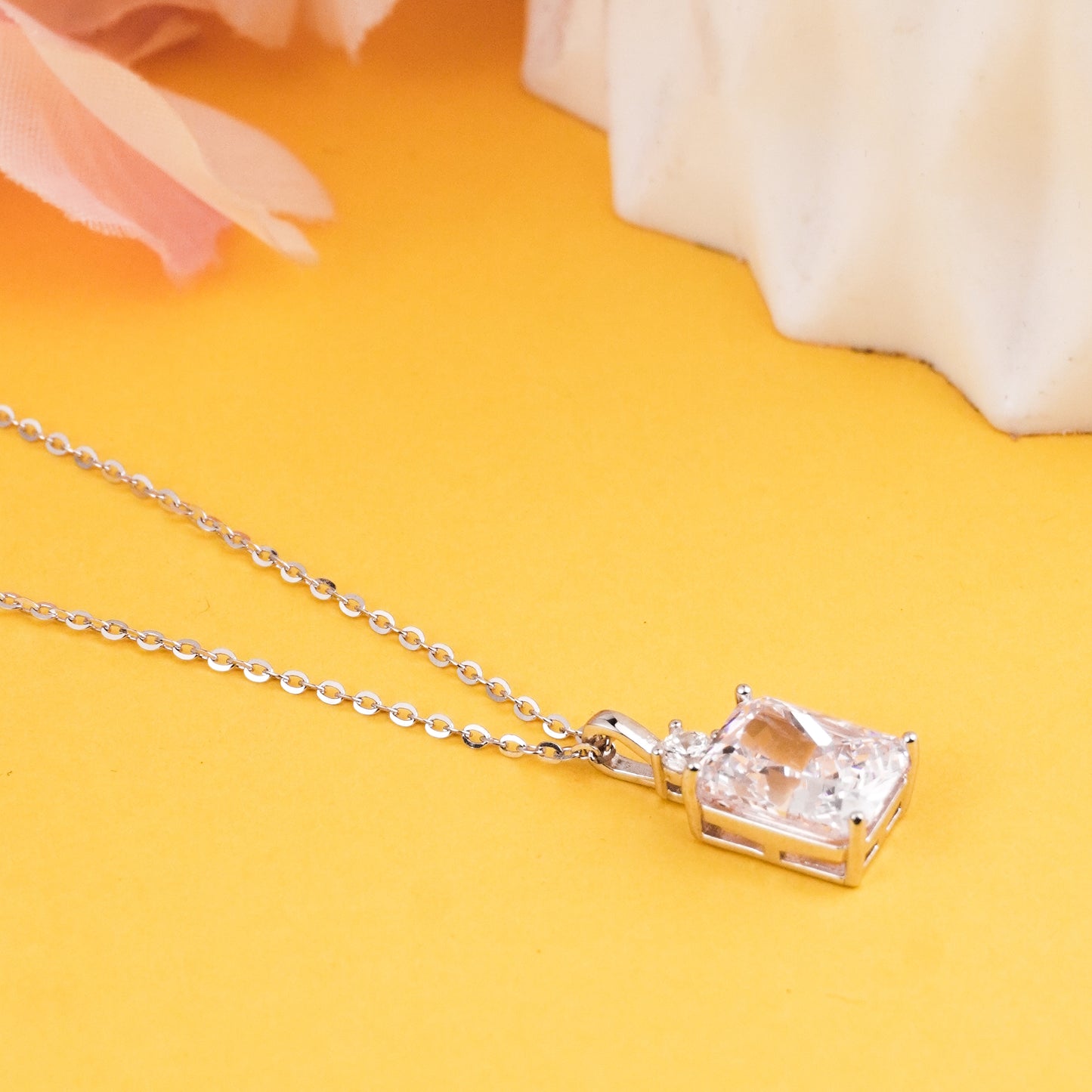 Baby Pink Emerald Cut Pendant Necklace with Moissanite Diamond