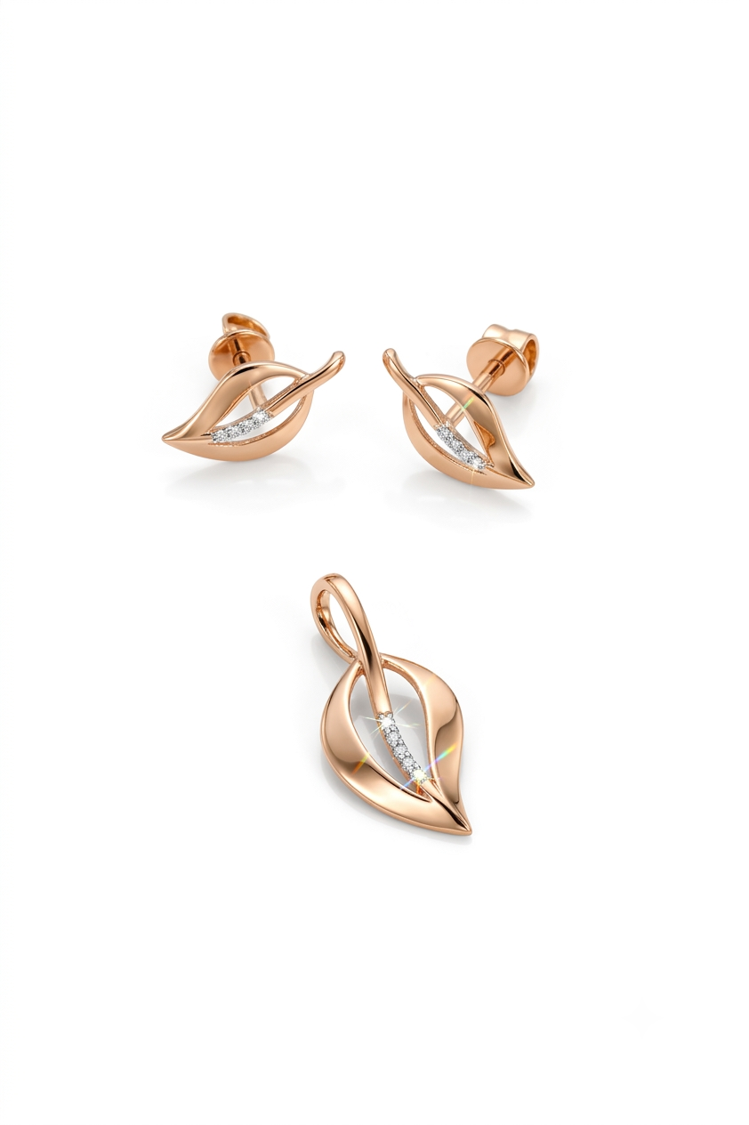 Elegant Rose Gold Leaf Design Jewelry Set with American Diamonds – Pendant and Earrings