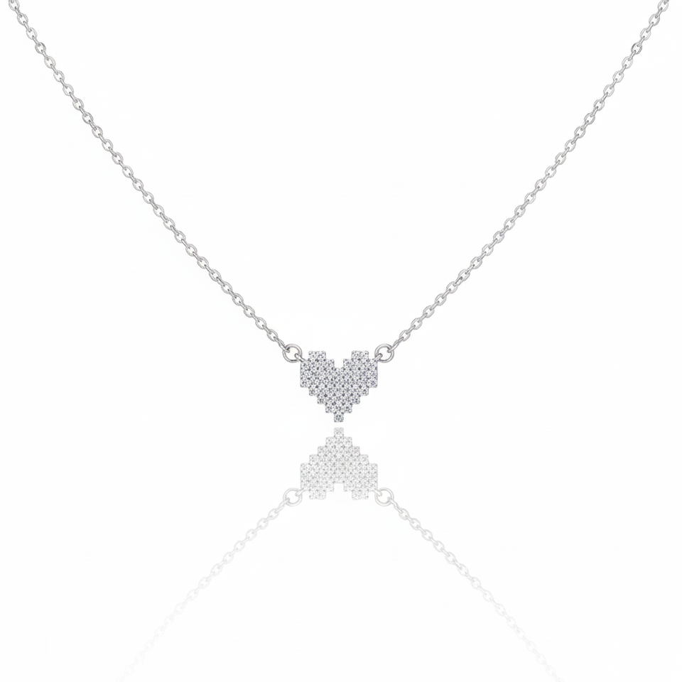 925 Sterling Silver Chain Necklace - Pixel Heart Moissanite / Lab grown  Diamond Pendant