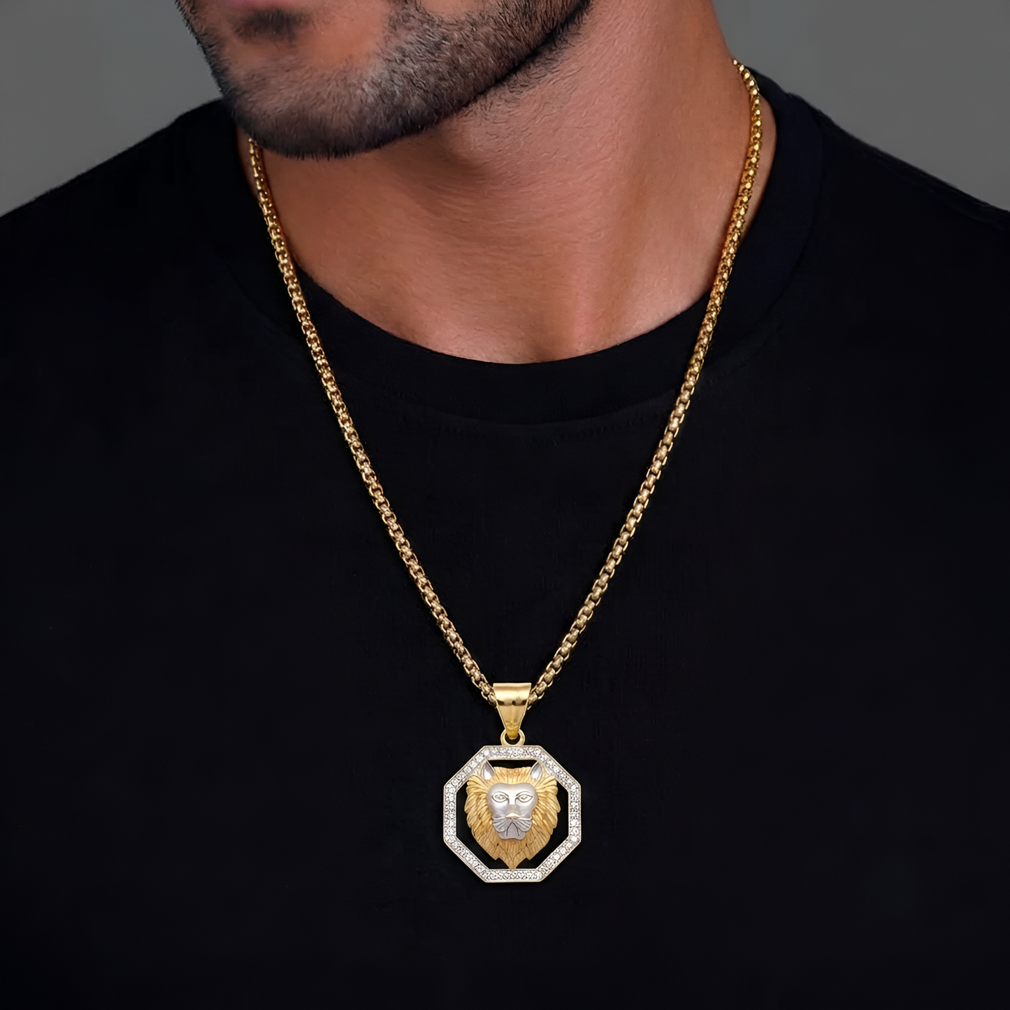 Mens 14K Gold Two Tone Lion Head Pendant