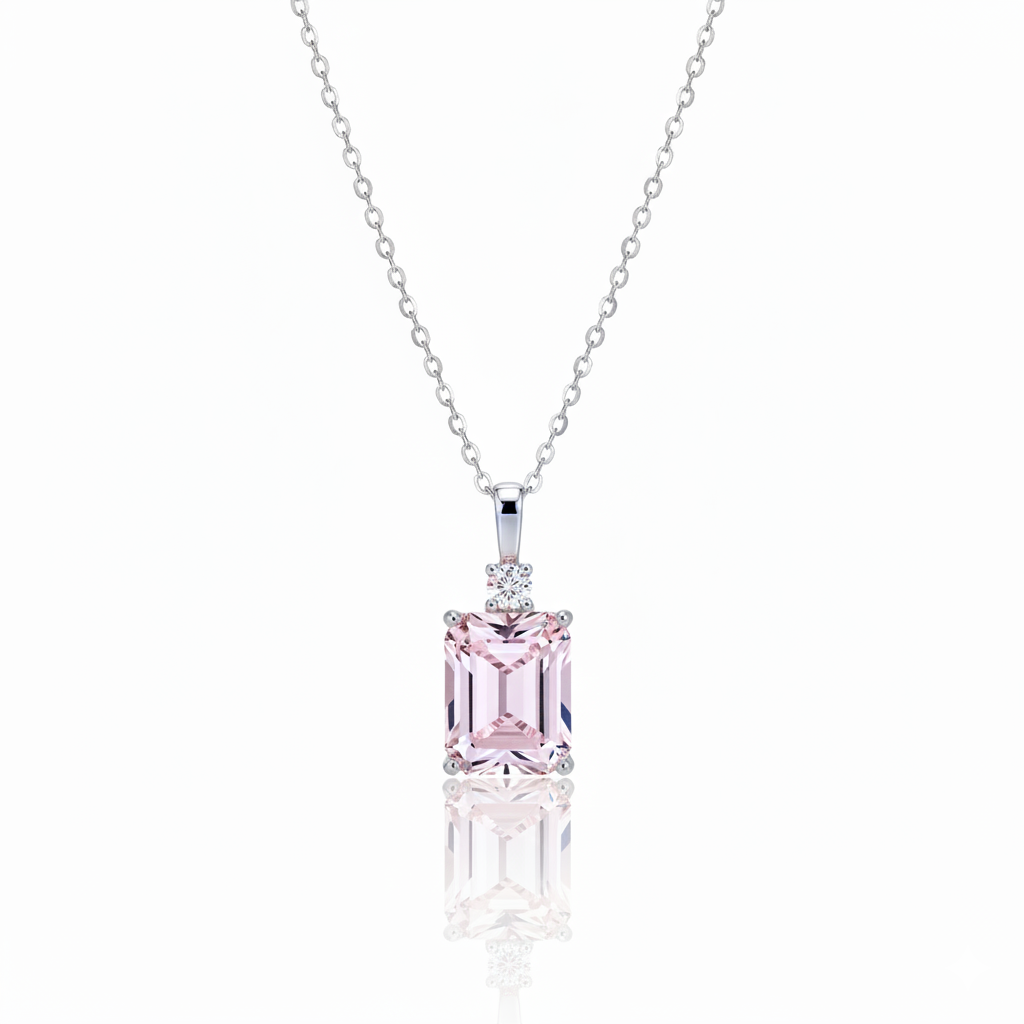 Baby Pink Emerald Cut Pendant Necklace with Moissanite Diamond