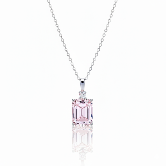 Baby Pink Emerald Cut Pendant Necklace with Moissanite Diamond