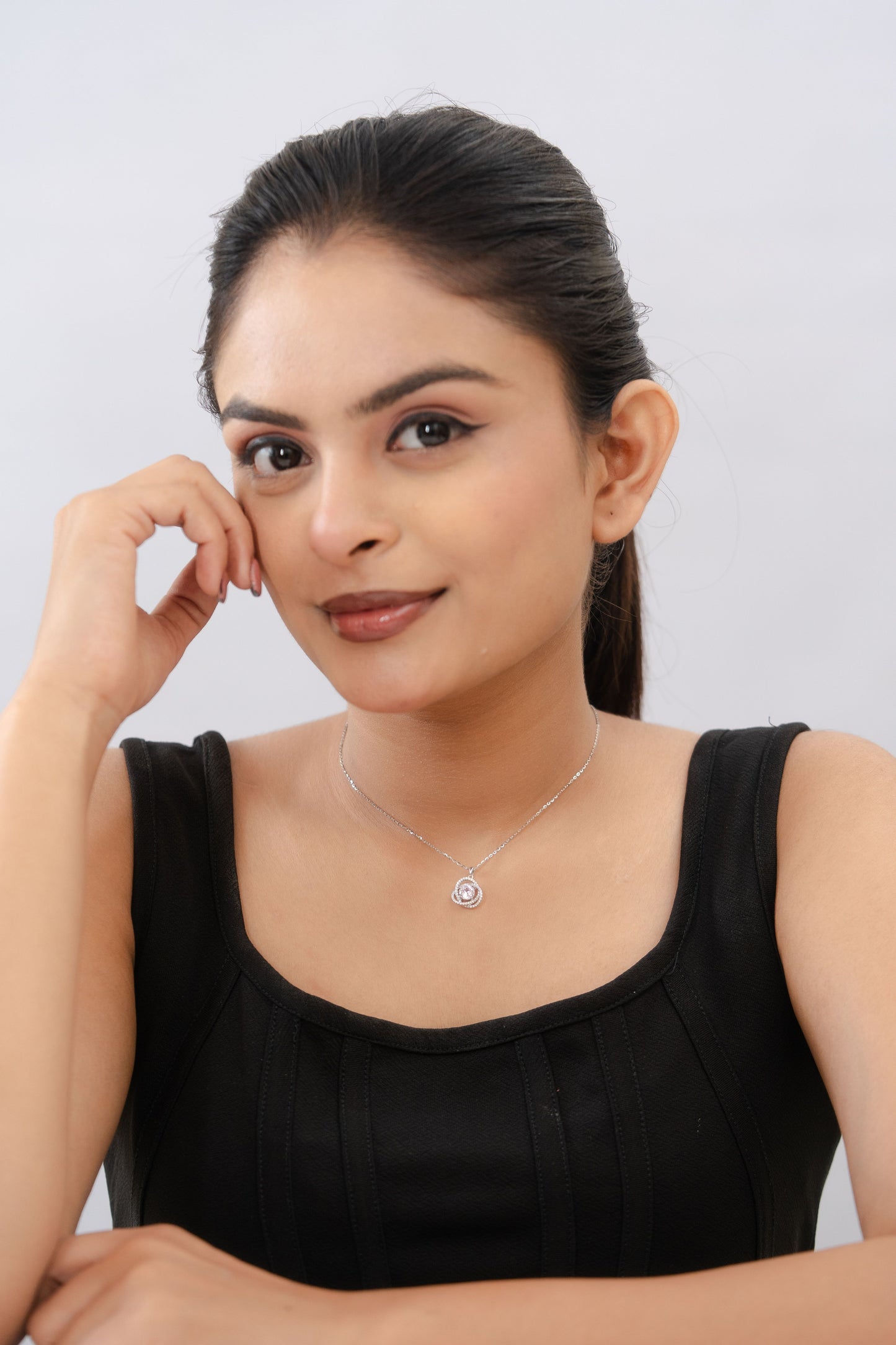 Silver Pink Stone Chain Pendant American Diamond Gift for Her