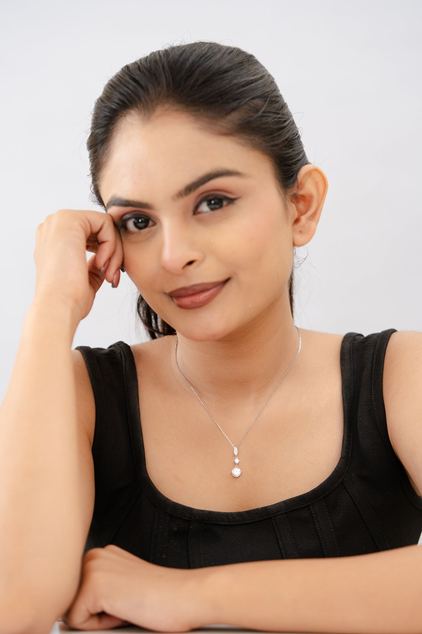 Silver Chain Pendant for Women American Diamond Three Stone Chain