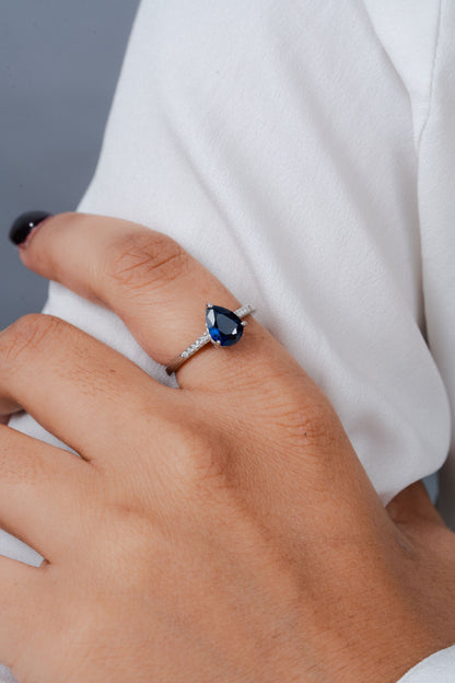 925 Sterling Silver Pear Cut Blue Sapphire Ring Women American Diamond Band Gift