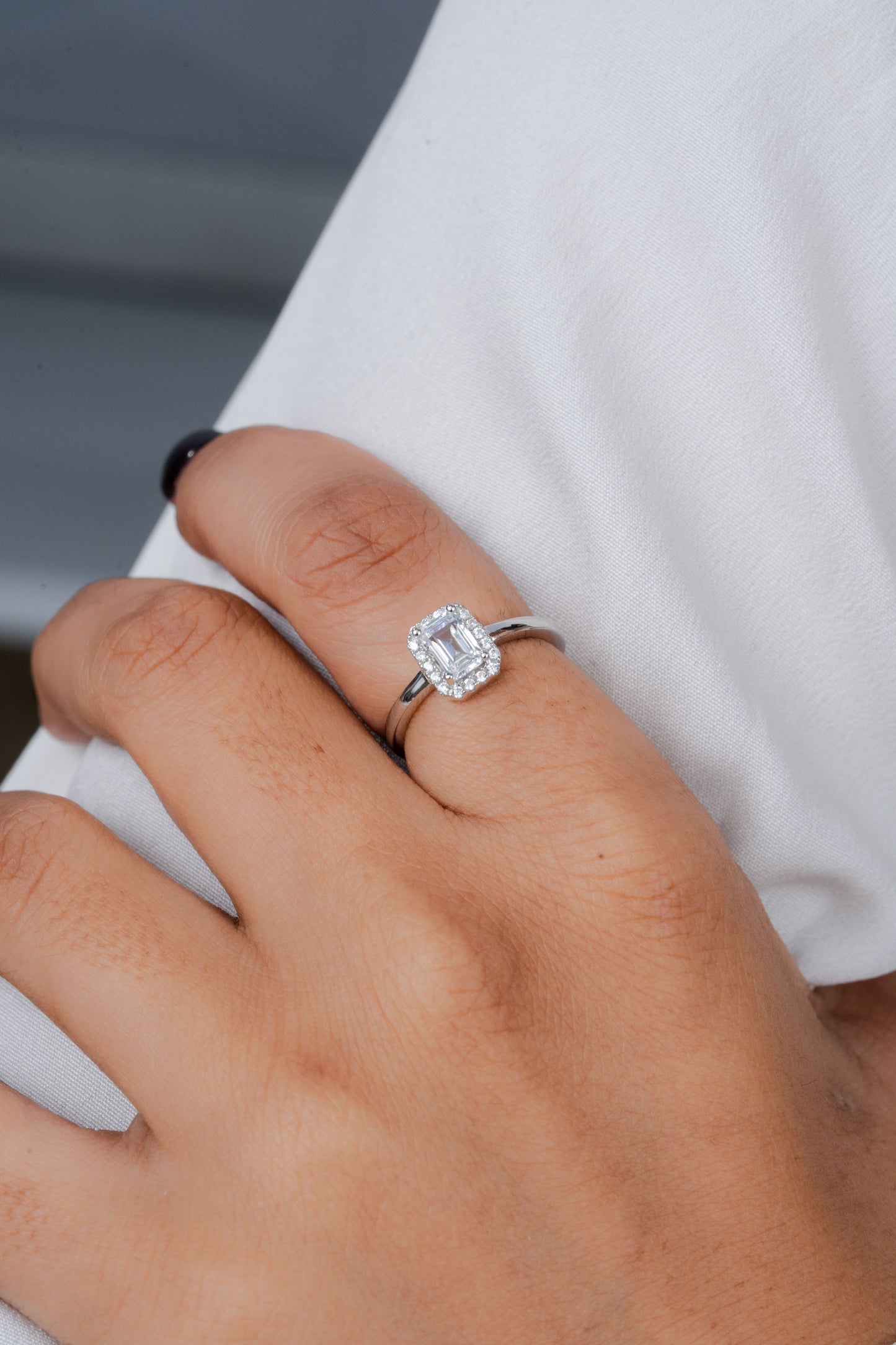 925 Sterling Silver Emerald Cut American Diamond Halo Ring for Women Promise Gift