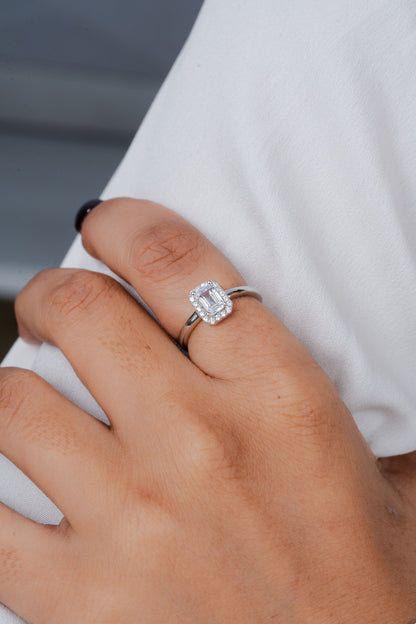 925 Sterling Silver Emerald Cut American Diamond Halo Ring for Women Promise Gift