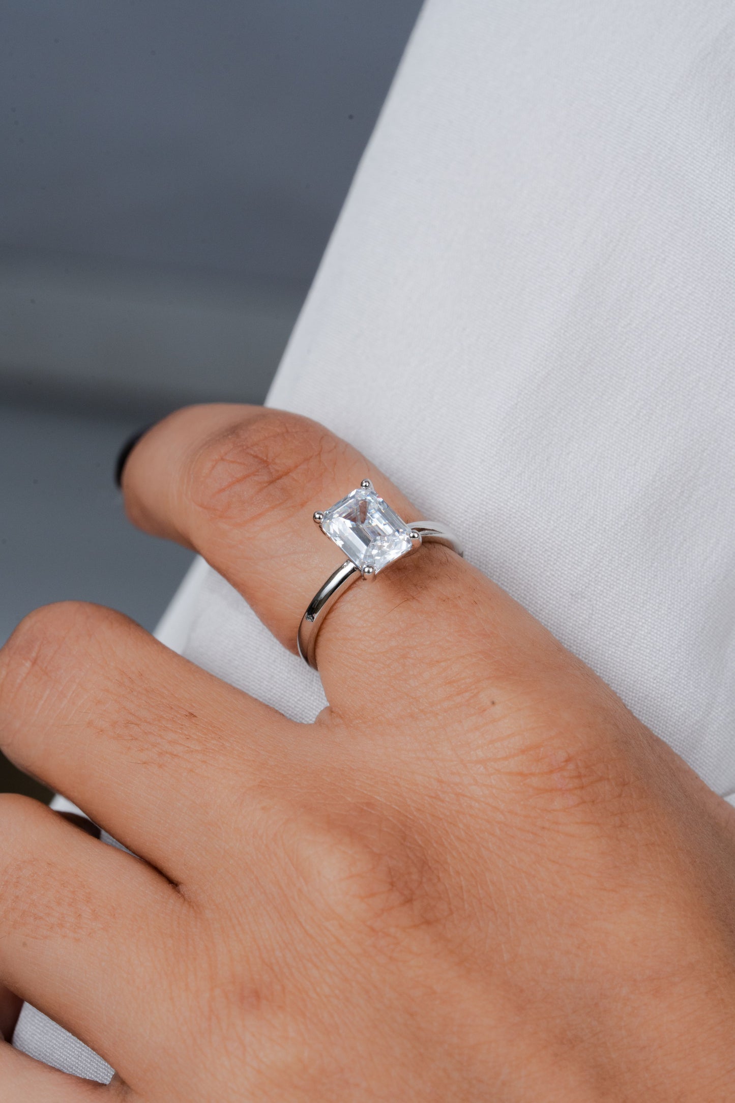 925 Sterling Silver Emerald Cut American Diamond Solitaire Ring Women